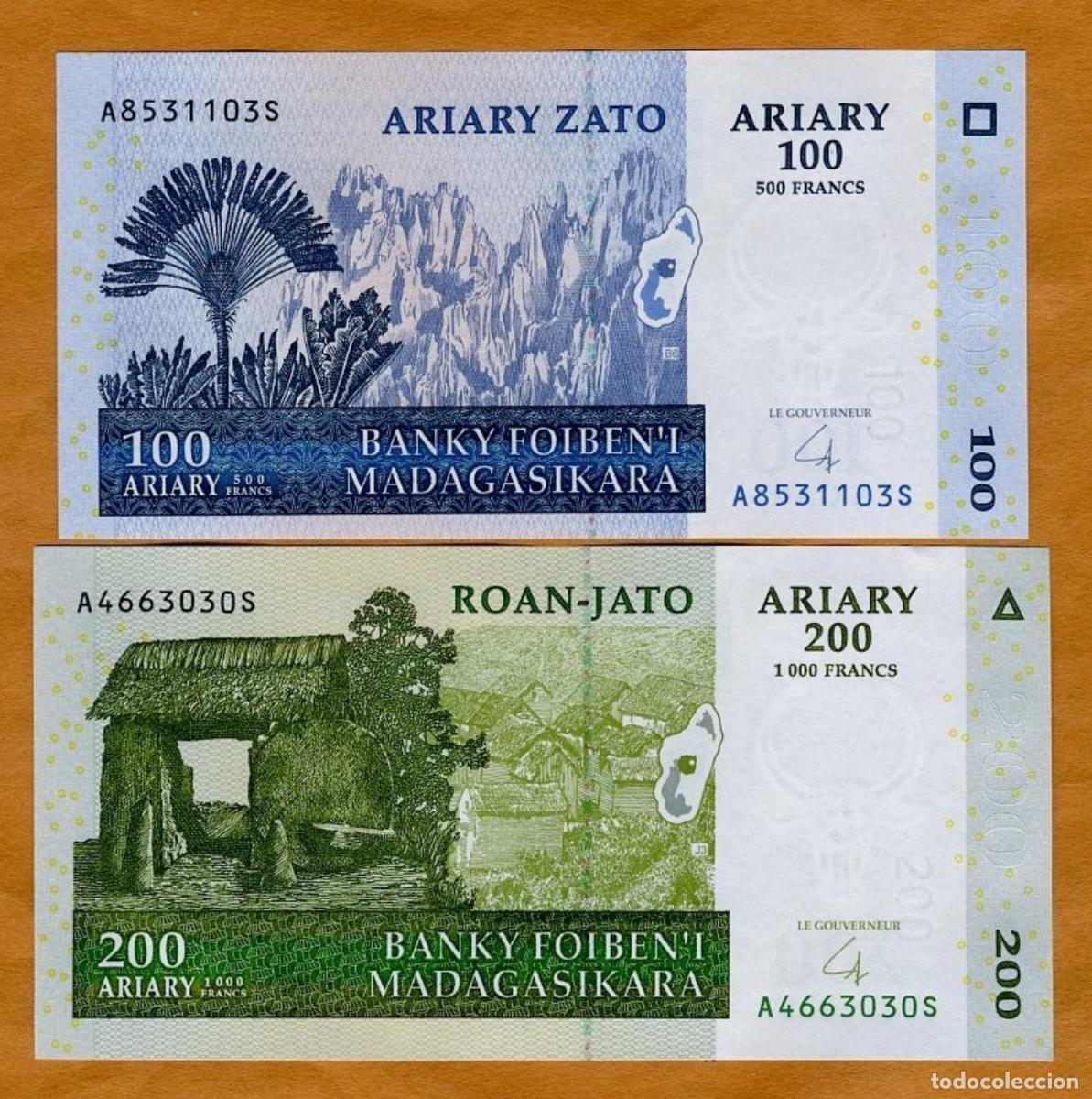 Billetes extranjeros: MADAGASCAR SET 2 PCS 100 200 ARIARY 2004 SIN CIRCULAR - Foto 1