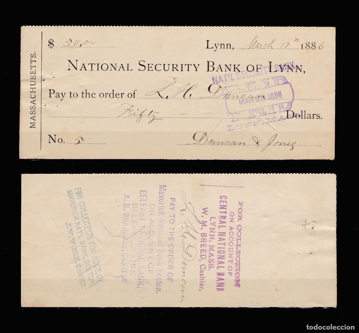 Billetes extranjeros: ESTADOS UNIDOS - CHEQUE DE 1886 - Foto 1