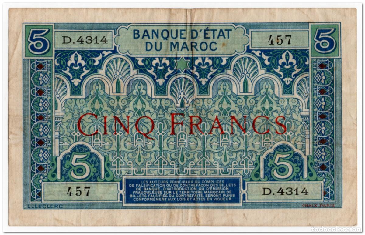 Billetes extranjeros: MOROCCO,5 FRANCS,1924,P.9,aVF