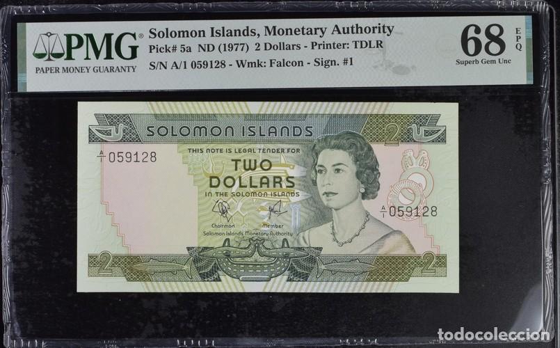 International Banknotes: ISLAS SALOMON * BILLETE 2 DOLLARS 1977 * PMG-68 EPQ