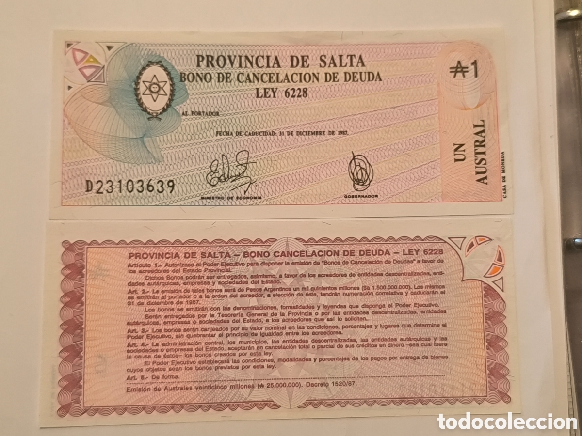 Billetes extranjeros: Bonos cancelaci&oacute;n de deudas 1987 sin circular uncirculate - Foto 2
