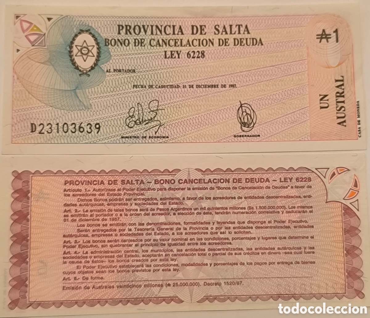 Billetes extranjeros: Bonos cancelaci&oacute;n de deudas 1987 sin circular uncirculate - Foto 1