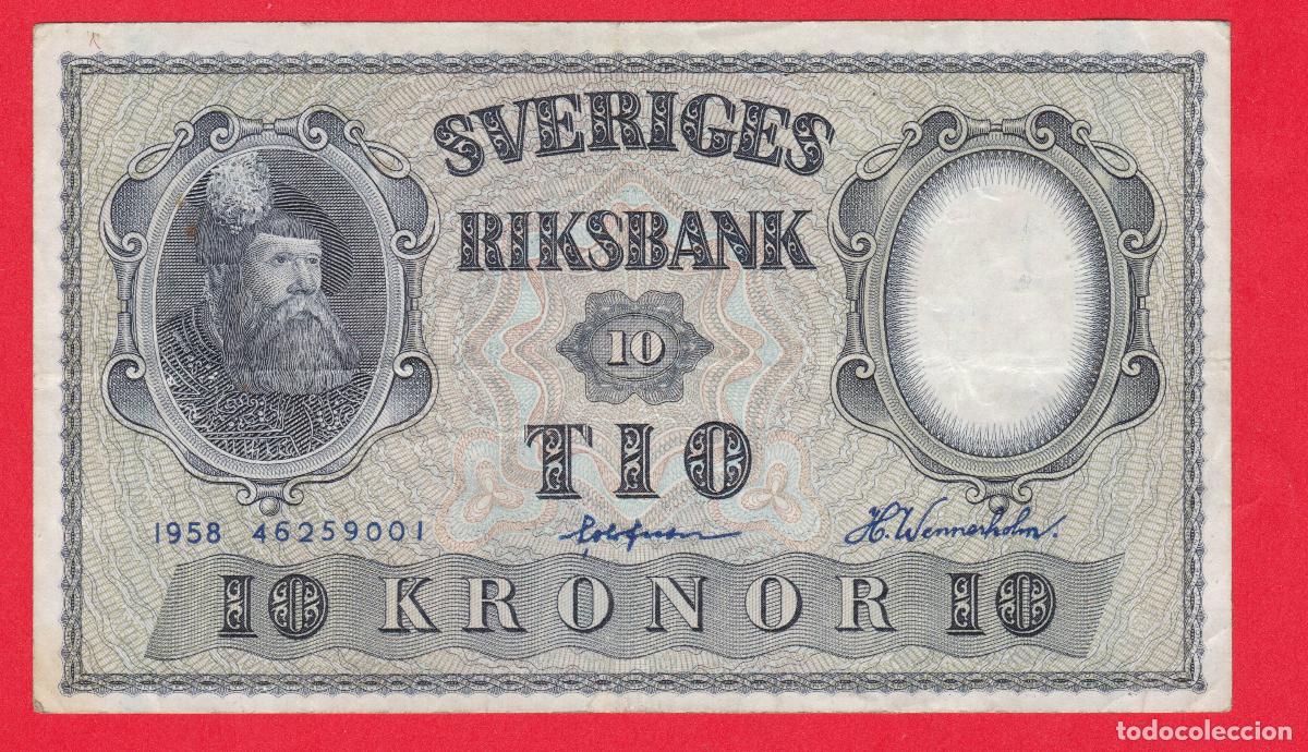 International Banknotes: Suecia. Billete de 10 Kronor. A&ntilde;o 1958. Pick 43F. N# 206131. Conservaci&oacute;n MBC+ VF+