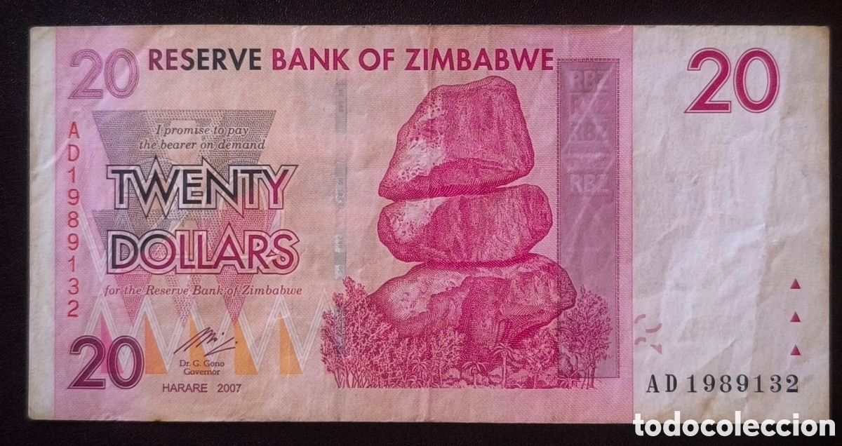 Banconote internazionali: 20 d&oacute;lares de Zimbabue, emitido por el Reserve Bank of Zimbabwe en el a&ntilde;o 2007.
