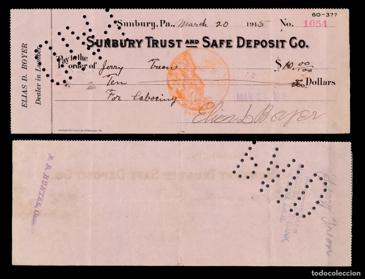 Billetes extranjeros: ESTADOS UNIDOS - CHEQUE DE 1915 - Foto 1
