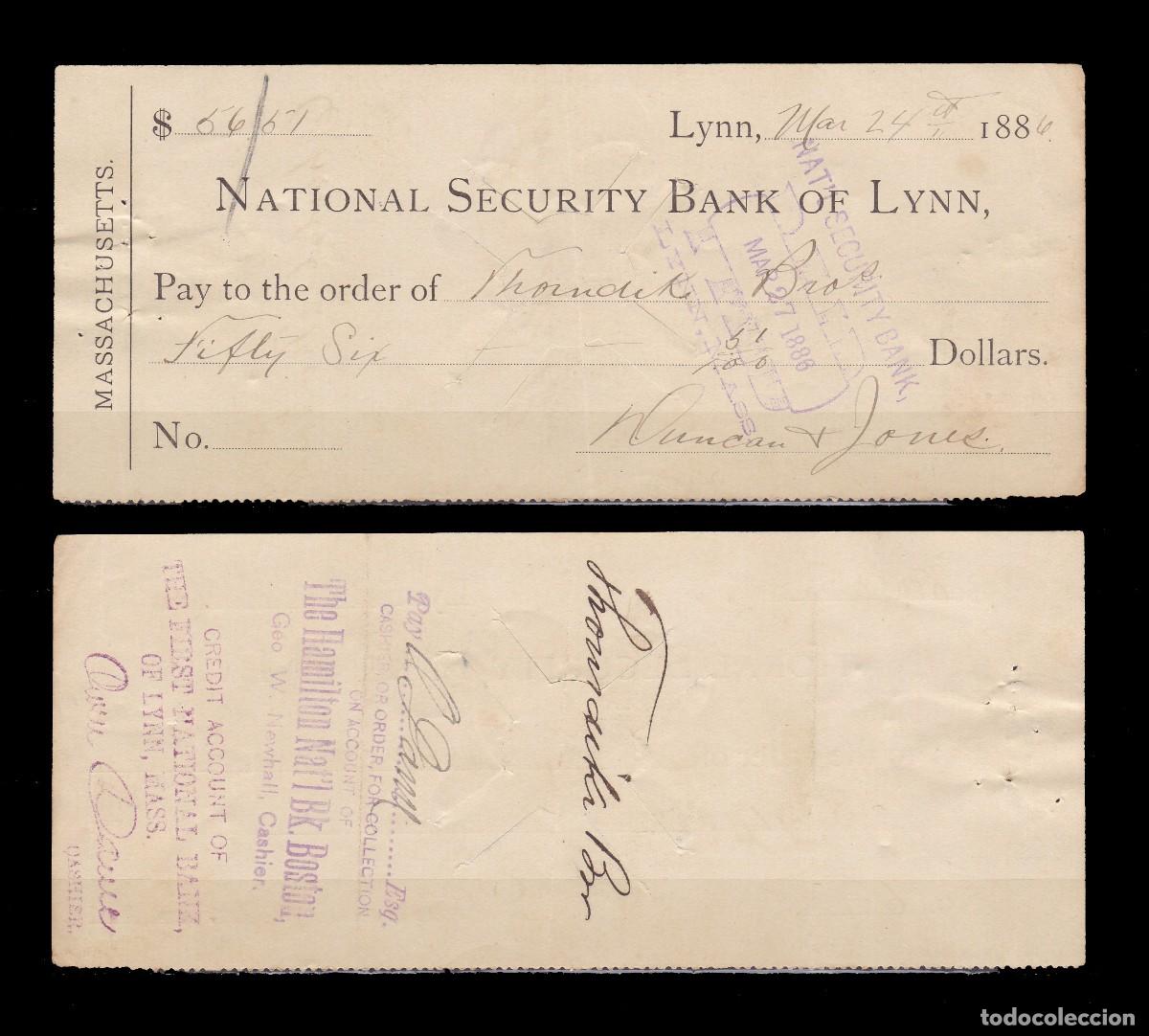 Billetes extranjeros: ESTADOS UNIDOS - CHEQUE DE 1886 - Foto 1