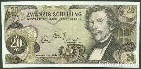 Billets internationaux: AUSTRIA. 20 shillings 2.7. 1967 (1968). Pick 142. Famoso puente de Semmering(986 m) en el dorso