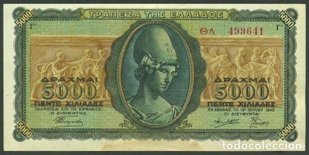Internationale Banknoten: GRECIA. Ocupacion italo - germana II G.M. 5000 drachmai 1943. Pick 122 a