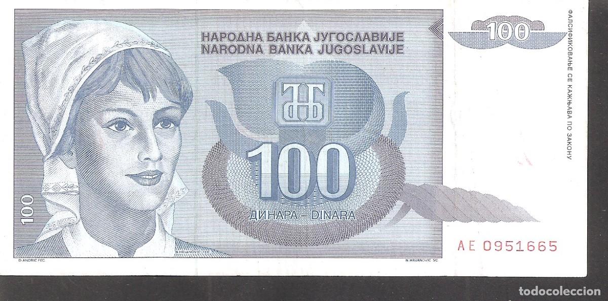Billetes extranjeros: Billete YUGOSLAVIA 100 Dinara 1992 - Foto 1