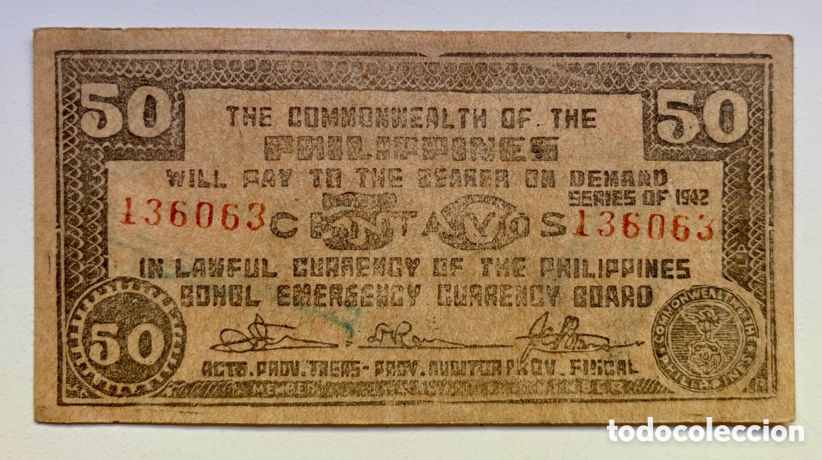 Notas Internacionais: Billete FILIPINAS 50 centavos 1942 Bohol. Guerrilla 2*Guerra Mundial. Emergencia Philippines