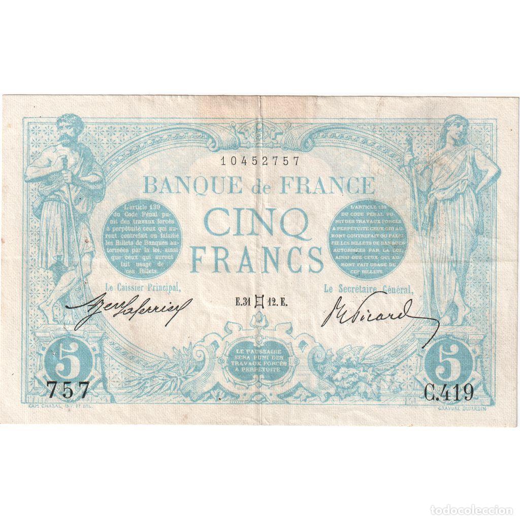 Billetes extranjeros: [#377679] Francia, 5 Francs, Bleu, 1912-05-31, C.419, MBC