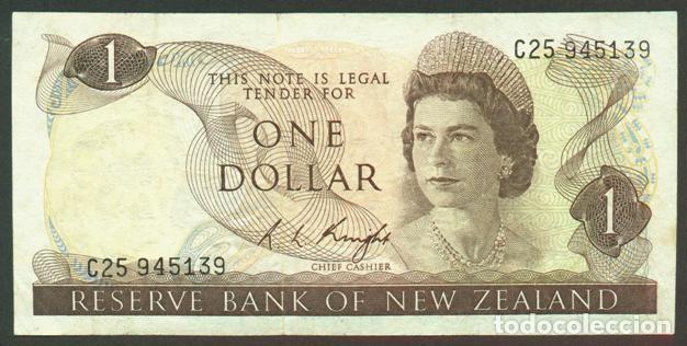 Billetes extranjeros: NUEVA ZELANDA (NEW ZEALAND). 1 $ (1975-1977). Pick 163 c. Isabel II, fauna, ave. Firma - Knight.