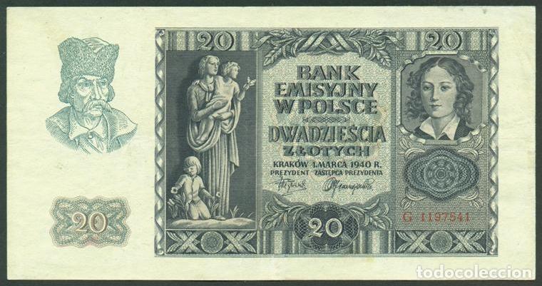Billetes extranjeros: POLONIA. Ocupacion alemana II G.M. 20 zlotych 1940.