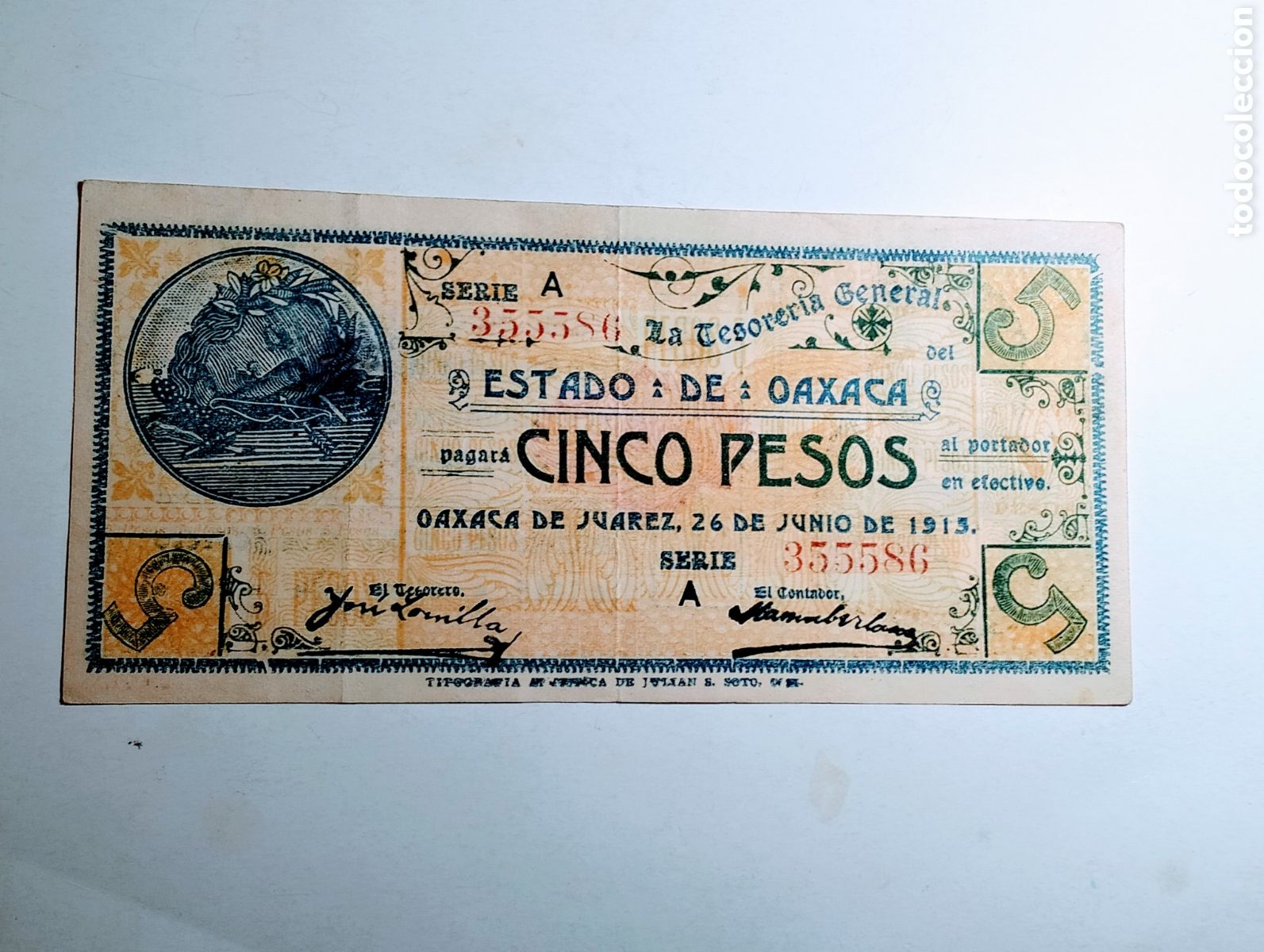 Billetes extranjeros: 1915 LA TESORER&Iacute;A GENERAL DEL ESTADO DE OAXACA (M&eacute;xico) 5 PESOS, SERIE A.