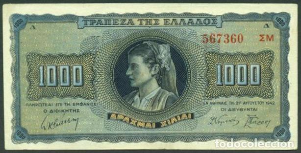Billetes extranjeros: GRECIA. II G.M. Ocupaci&oacute;n alemano-italiana. 1000 drachmai 1942. Pick 118. Sufijo. Numeros grandes.