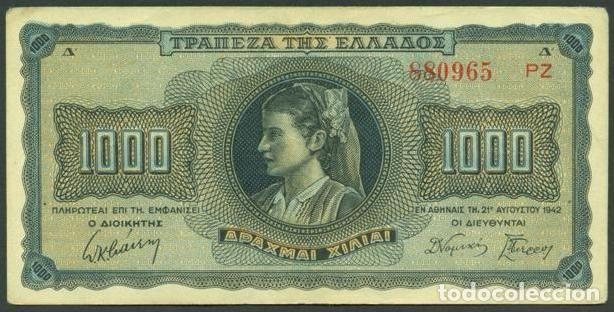 Billetes extranjeros: GRECIA. II G.M. Ocupaci&oacute;n alemano-italiana. 1000 drachmai 1942. Pick 118. Sufijo. Numeros grandes.