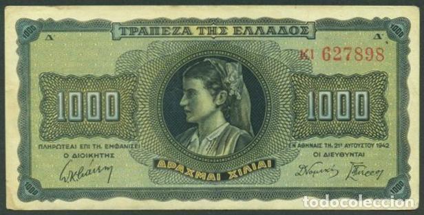 Billetes extranjeros: GRECIA. II G.M. Ocupaci&oacute;n alemano-italiana. 1000 drachmai 1942. Pick 118. Prefijo. Numeros grandes.