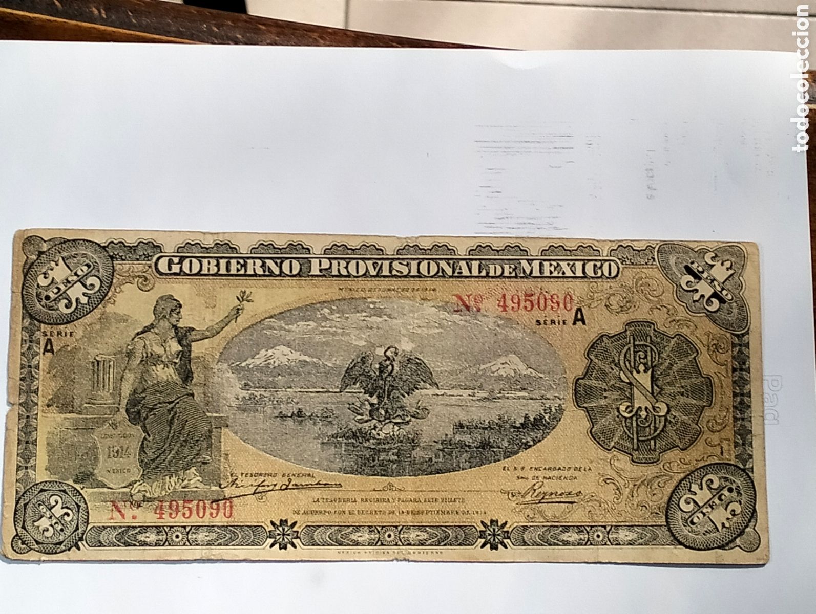 Billetes extranjeros: 1914 Gobierno Provisional de M&eacute;xico 1 Peso. Serie A.
