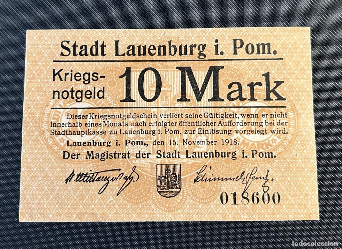 International Banknotes: 10 MARCOS 1918 LAUENBURG IN POMMERN. ALEMANIA.