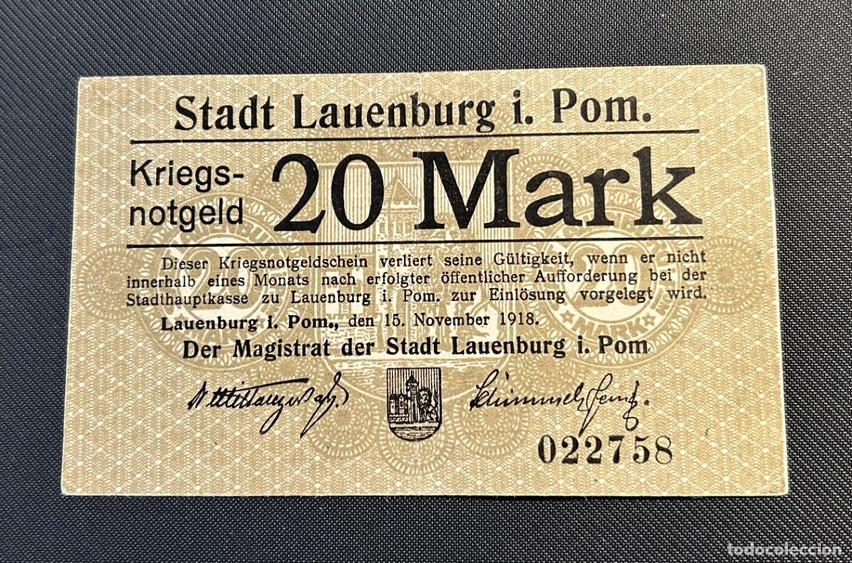 International Banknotes: 20 MARCOS 1918 LAUENBURG IN POMMERN. ALEMANIA.