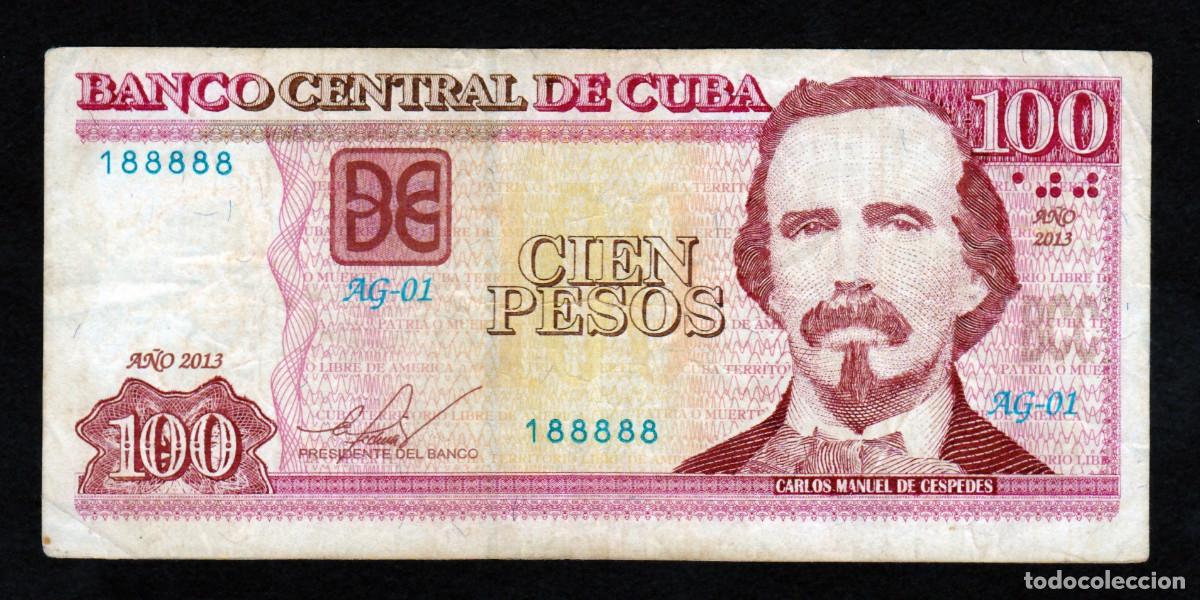 Billetes extranjeros: CUBA 100 PESOS 2013 F/MBC Pick.129e Serie 188888 Alfa AG-01 SERIE SEMI SÓLIDA Y 5 EN FILA