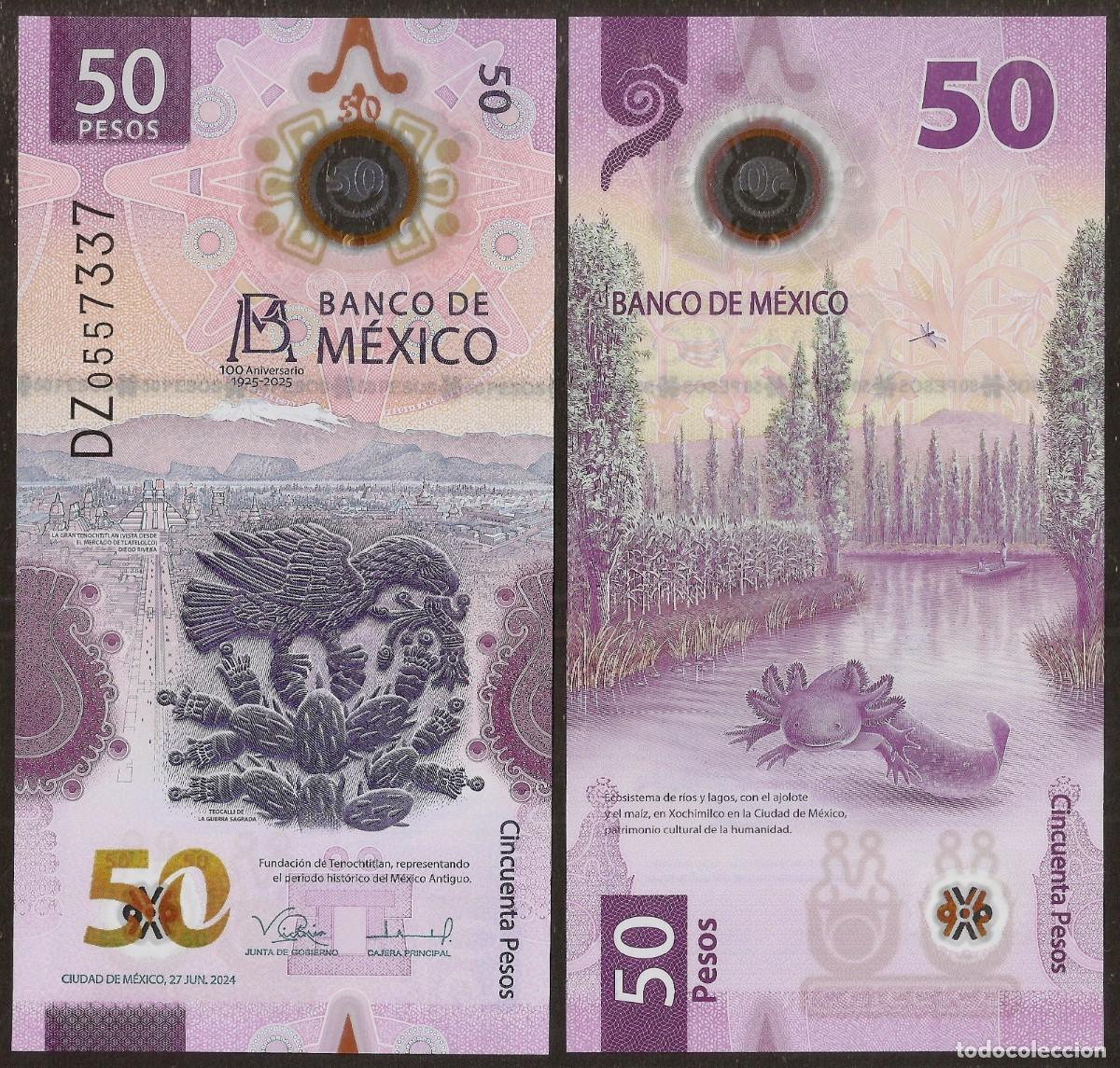 Billetes extranjeros: MEXICO. Conmemorativo 50 pesos 2025. S/C. Centenario Banco Central. Polimero.