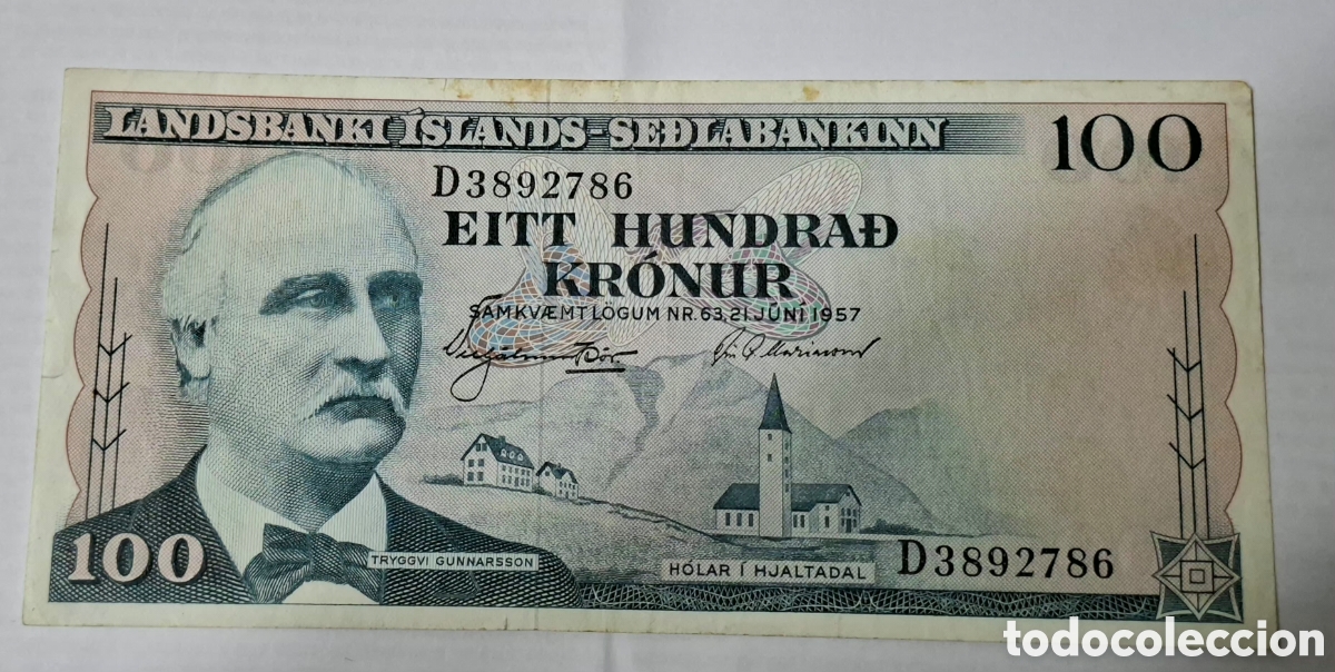 Billetes extranjeros: Billete Islandia,1.957, 100 Kronur,BC+.