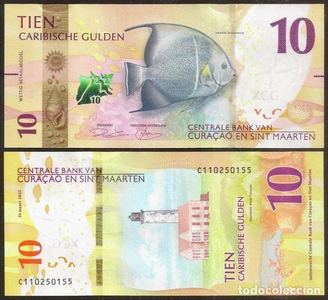 Billetes extranjeros: CURAZAO y SAN MARTIN (CURA&Ccedil;AO EN SIN MAARTEN). 10 gulden 2025. S/C. Fauna caribe&ntilde;a, faro.