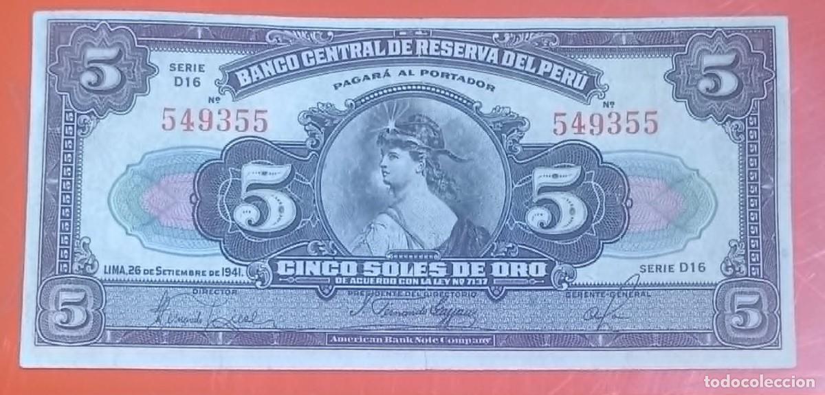 Billetes extranjeros: Billete Peru 1941. Banco Central de Reserva. 5 Soles de Oro.