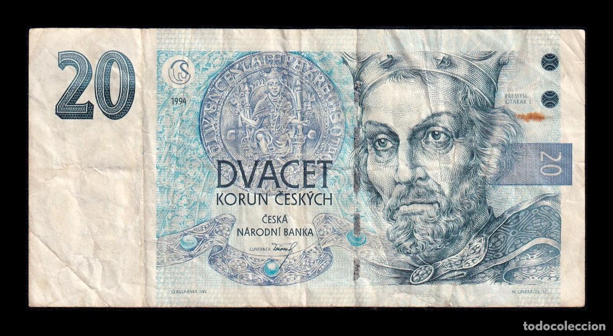 Billetes extranjeros: Rep&uacute;blica Checa 20 Korun Otakar I de Bohemia 1994 Pick 10a Serie A Bc F