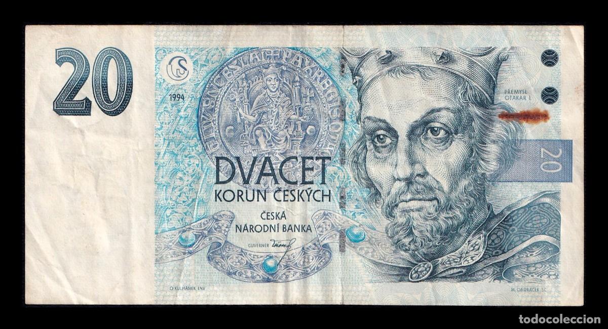 Billetes extranjeros: Rep&uacute;blica Checa 20 Korun Otakar I de Bohemia 1994 Pick 10a Serie A Bc F