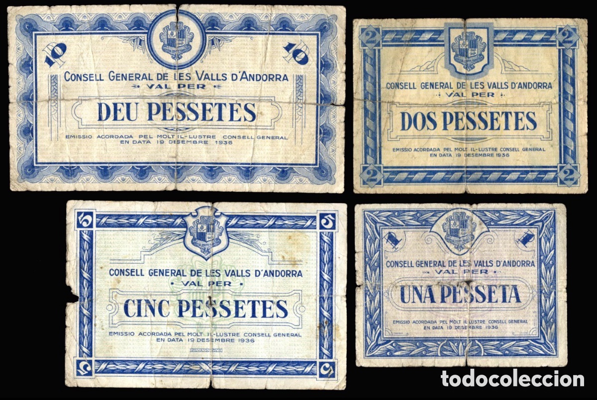 Billetes extranjeros: Lote Billetes Andorra 1-2-5-10 Pesetas 1936