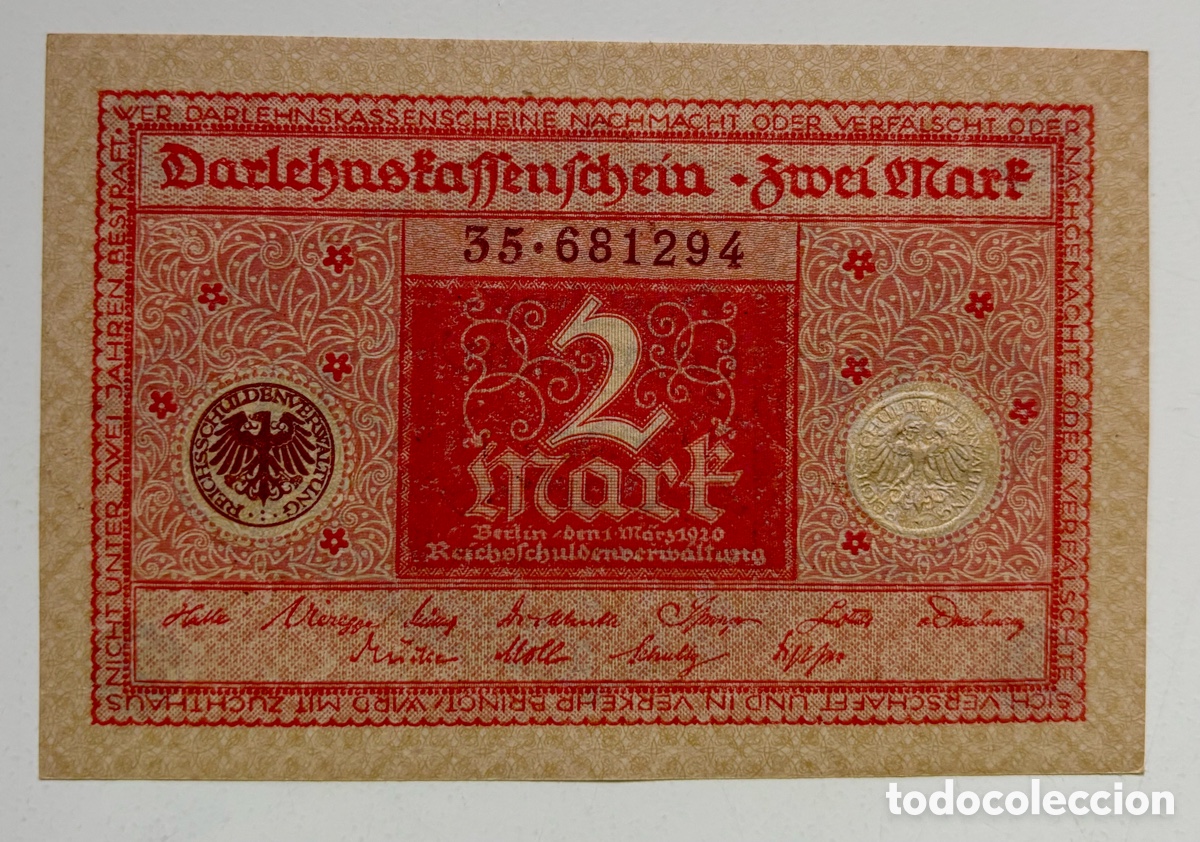 Billetes extranjeros: Billete ALEMANIA 2 Marcos 1920 SC/SC- Mark. Rojo
