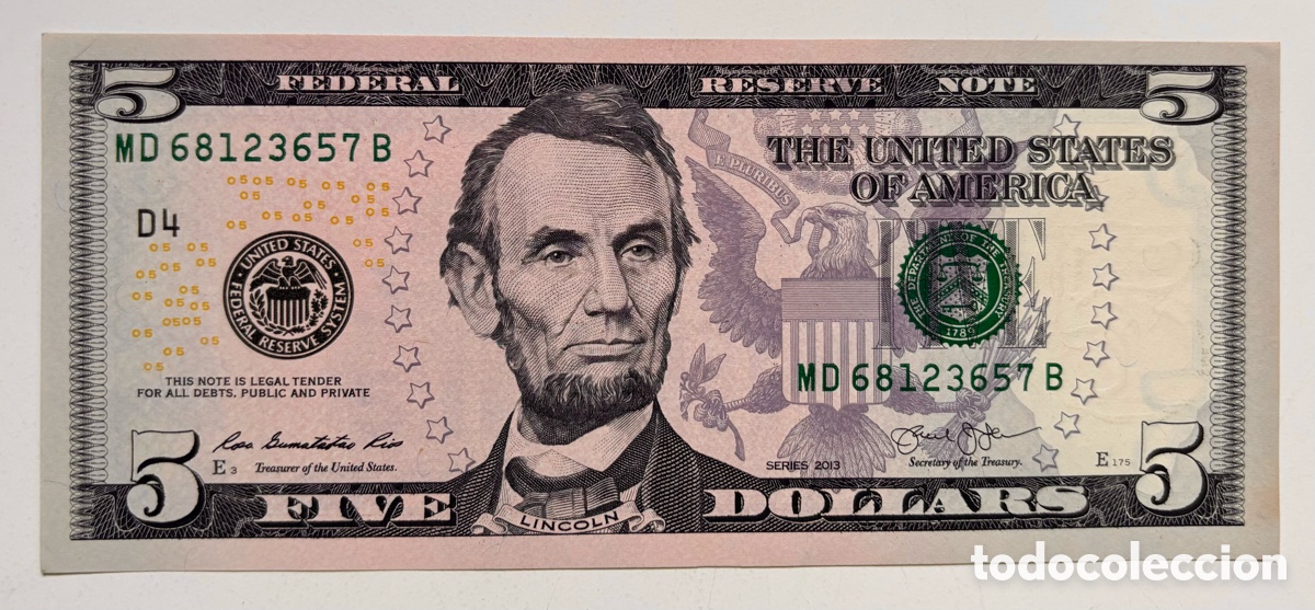 Billetes extranjeros: Billete USA 5 D&oacute;lares 2013 SC. EEUU Estados Unidos