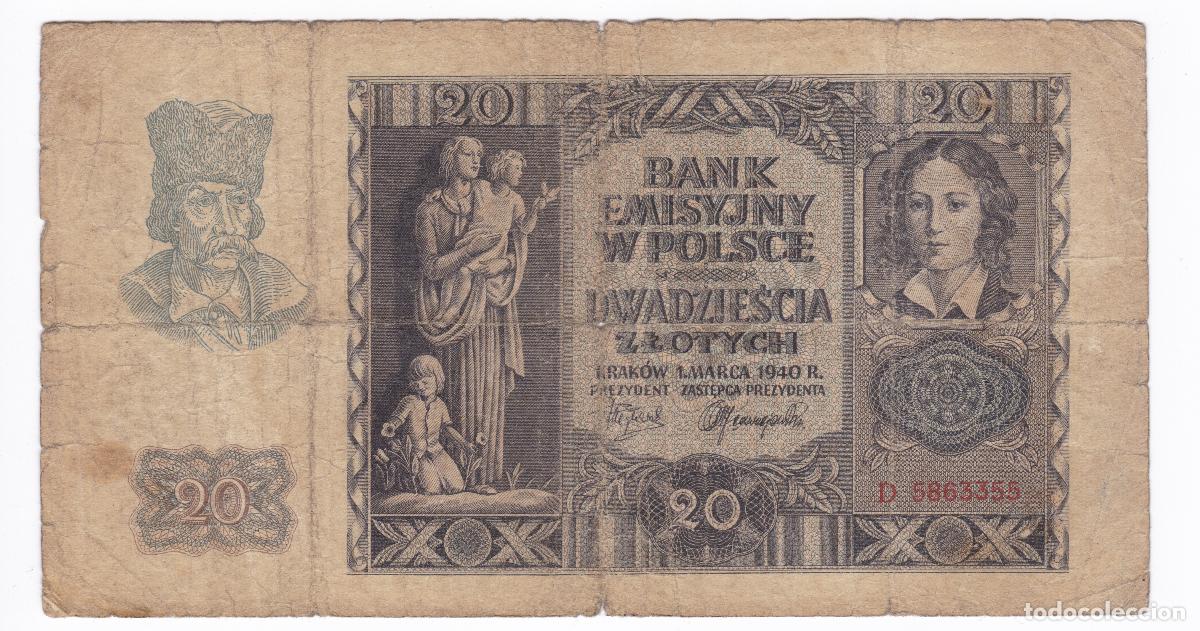 Billetes extranjeros: Polonia. Billete de 20 Zlotys. A&ntilde;o 1940. Ocupaci&oacute;n Alemania. Pick 95. N# 204488