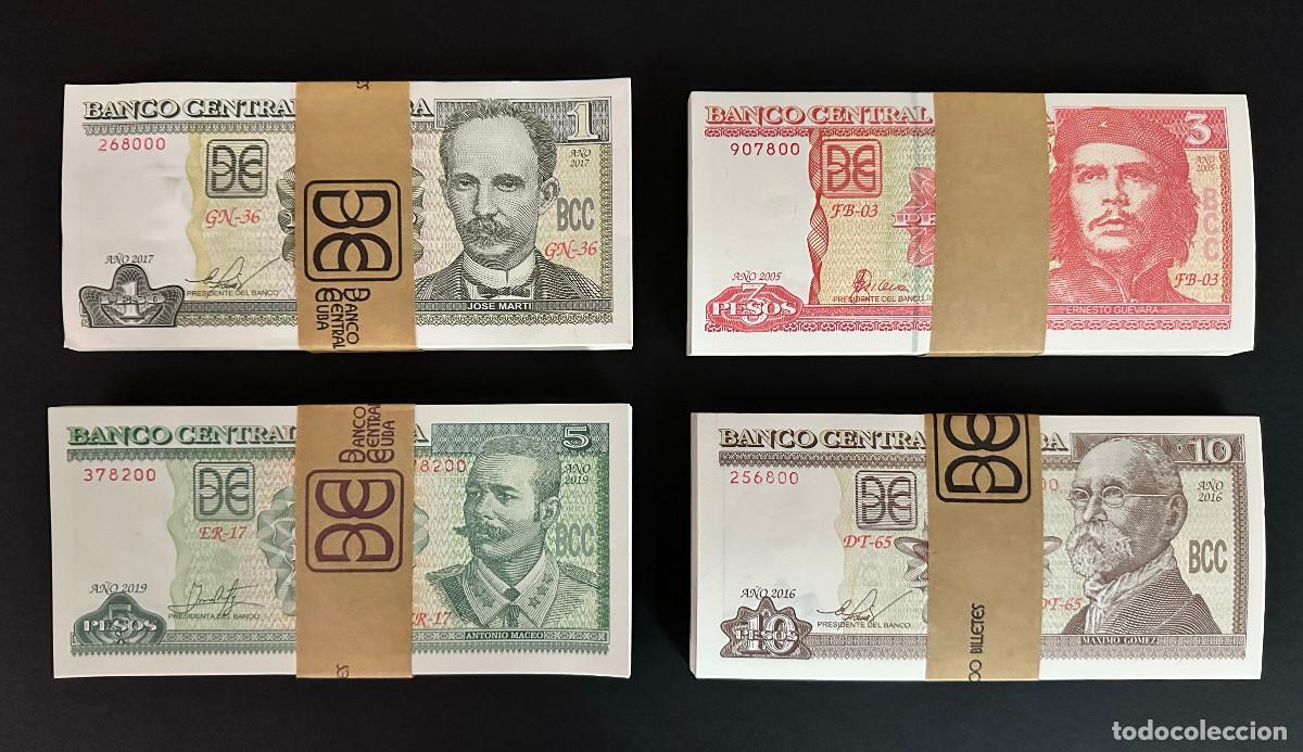 Billetes extranjeros: CUBA 1 PESO 2017 - 3 PESOS 2005 - 5 PESOS 2019 - 10 PESOS 2016 UNC/SC SET 4 FAJOS BUNDLES TACOS