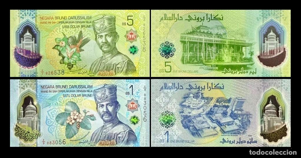 Billetes extranjeros: Brunei Set 2 billetes 1 5 D&oacute;lares 2024 Pick 41 42 Pol&iacute;mero Sc Unc