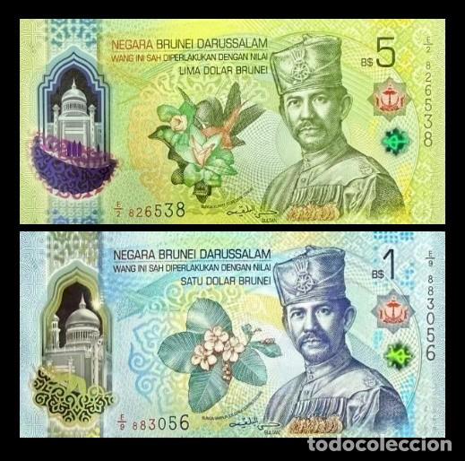 Billetes extranjeros: Brunei Set 2 billetes 1 5 D&oacute;lares 2024 Pick 41 42 Nuevo Pol&iacute;mero Sc Unc