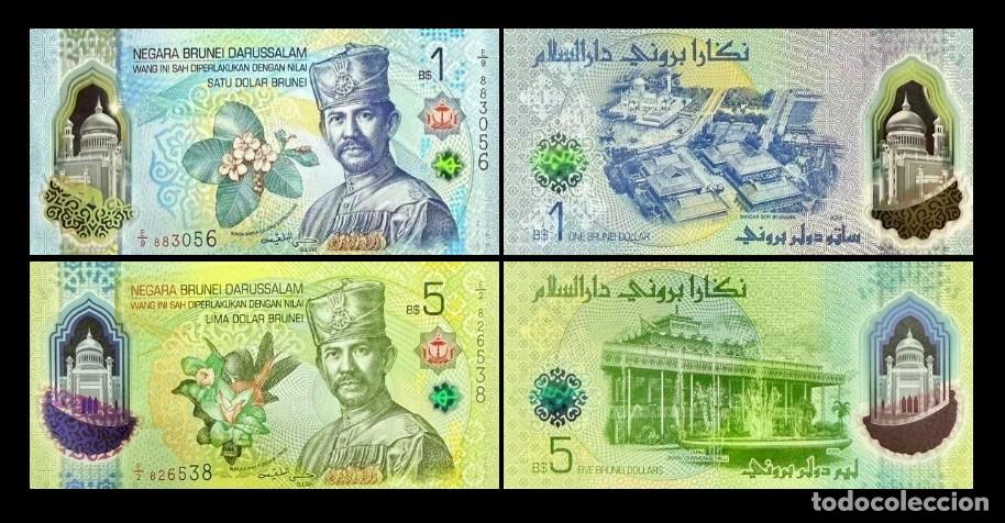 Billetes extranjeros: Brunei Set 2 billetes 1 5 D&oacute;lares 2024 (2026) Pick 41 42 Nuevo Pol&iacute;mero Sc Unc