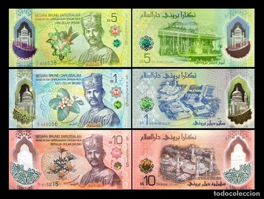 Billetes extranjeros: Brunei Set 3 billetes 1 5 10 D&oacute;lares 2024 (2026) Pick 41 42 43 Pol&iacute;mero Sc Unc