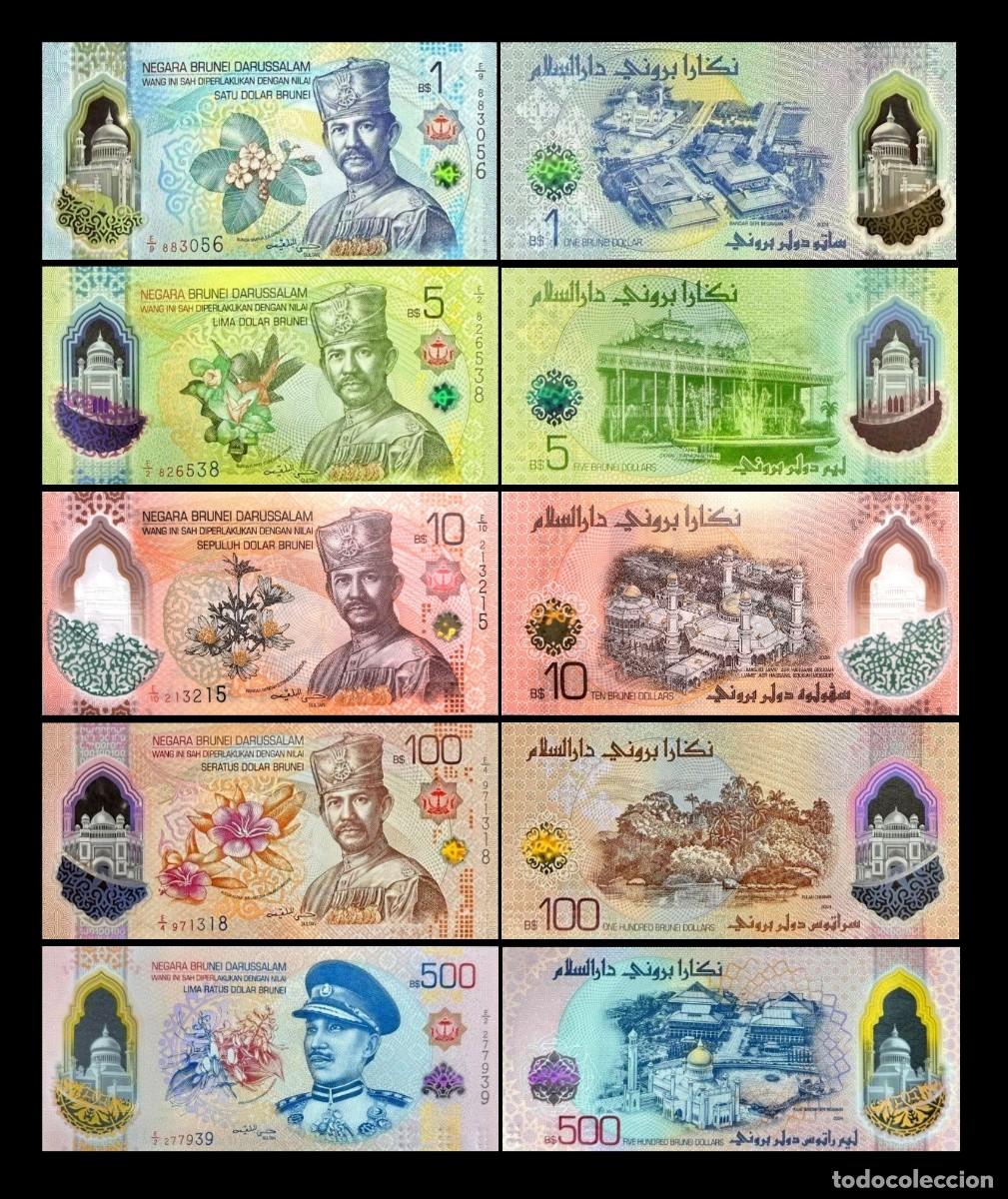 Billetes extranjeros: Brunei Set 5 billetes 1-500 D&oacute;lares 2024 (2026) Pick 41-46 Nuevo Pol&iacute;mero Sc Unc