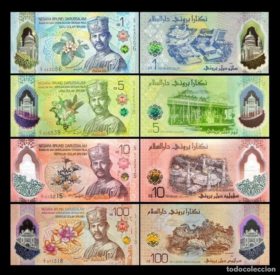 Internationale Banknoten: Brunei Set 4 billetes 1-100 D&oacute;lares 2024 (2026) Pick 41-45 Nuevo Pol&iacute;mero Sc Unc