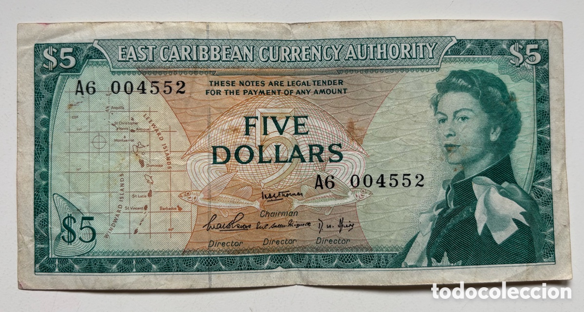 Billetes extranjeros: Billete ESTADOS DEL CARIBE 5 Dolares (1965). Caribe Oriental