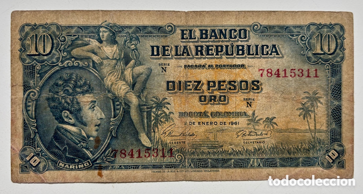 Billetes extranjeros: Billete COLOMBIA 10 Pesos Oro 1961
