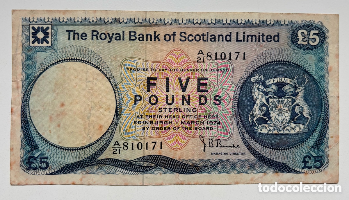Billetes extranjeros: Billete ESCOCIA 5 Libras 1974. Pounds