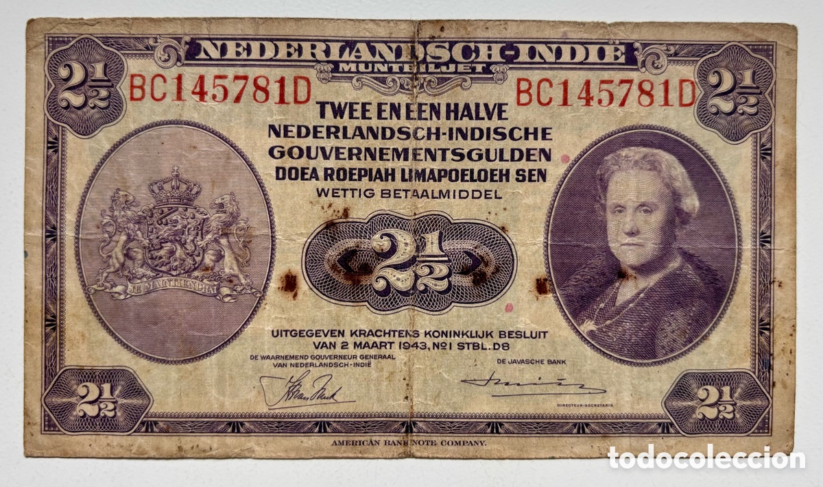 Billetes extranjeros: Billete INDIAS HOLANDESAS 2 1/2 Gulden 1943