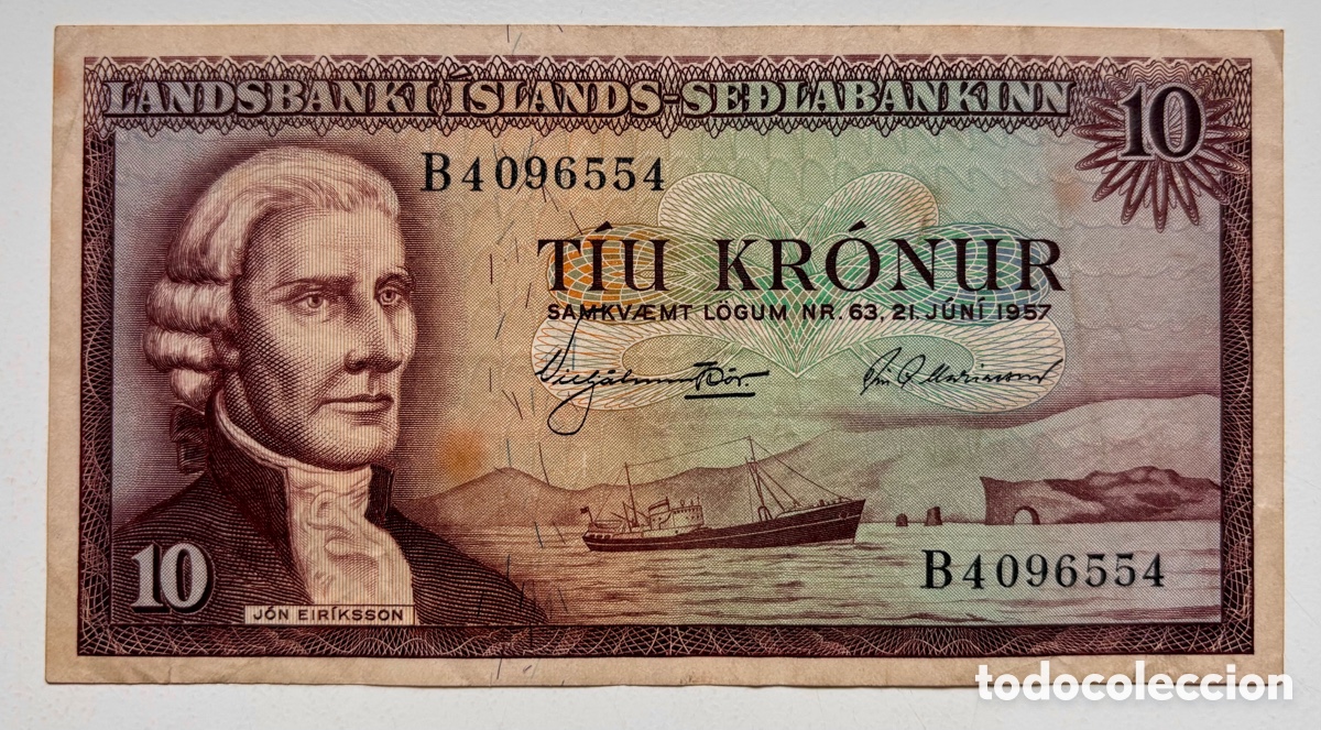 Billetes extranjeros: Billete ISLANDIA 10 Coronas 1957. Iceland Kronur