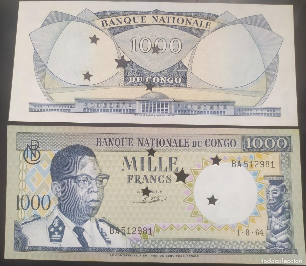 Billetes extranjeros: CONGO RP. DEMOCRATICA: 1000 francos 1964.(perforados para colecci&oacute;n).SC.UNC. PK. # 8