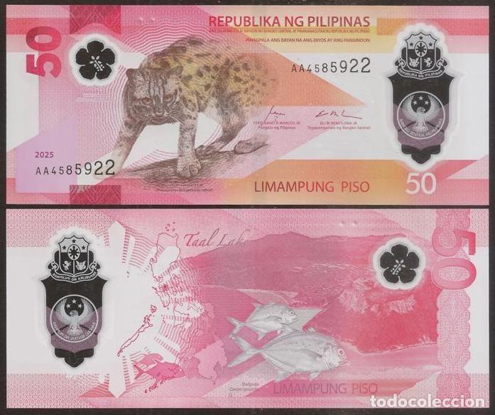 Billetes extranjeros: FILIPINAS (PHILIPPINES). 50 piso (pesos) 2025. Polimero. S/C. Fauna, el gato de bengala de Sunda.