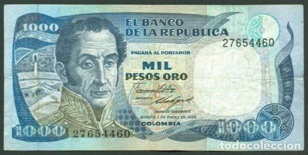 Billetes extranjeros: COLOMBIA. 1000 pesos 1.1. 1986. Pick 424 c. Impresora TDLR. Numeros anchos.